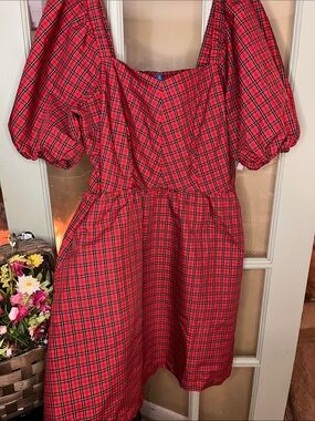 Old Navy Red Plaid Puff-Sleeve Square Neck Dress